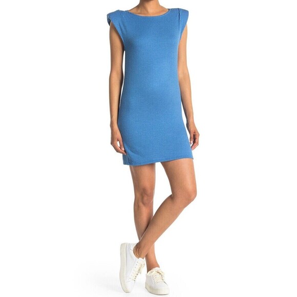Susina Dresses & Skirts - Susina Women's Shoulder Padded Rib Knit Tank Bodycon Mini Dress In Blue Size L